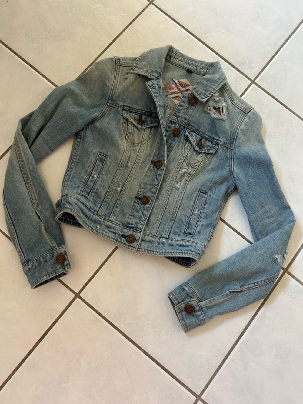 American Eagle Outfitters Light Blue Distressed Denim Jacket